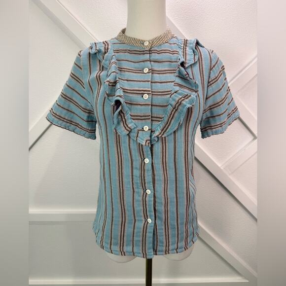 Ace & Jig Tops - Ace & Jig Gauze Cotton Ruffle Blouse Striped Blue Brown Button Front Size XS